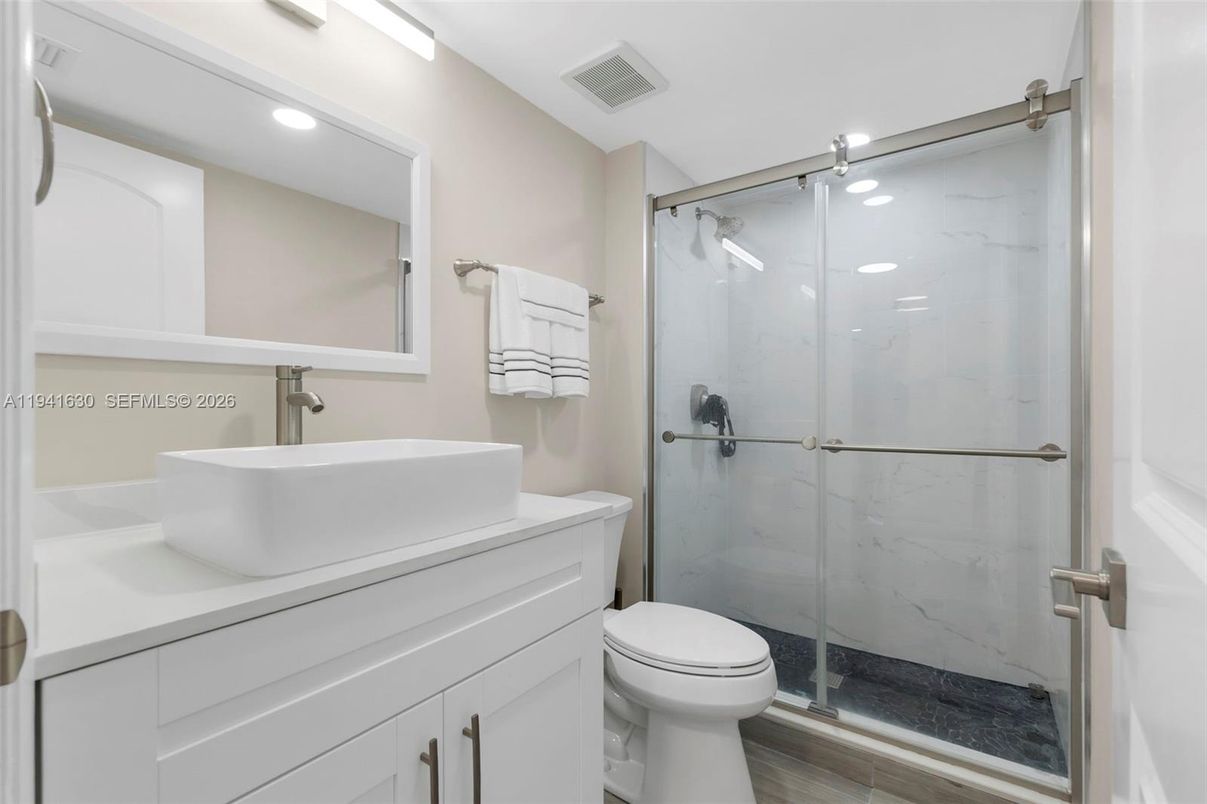 Bathroom, Glass Shower, Interior, Marble Walls, Recessed Lighting