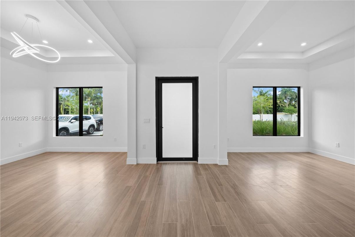 Empty room, Interior, Pendant Lights, Recessed Lighting, Wood Texture Flooring