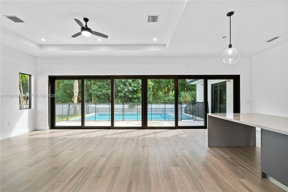 Empty room, Interior, Pendant Lights, Recessed Lighting, Wood Texture Flooring