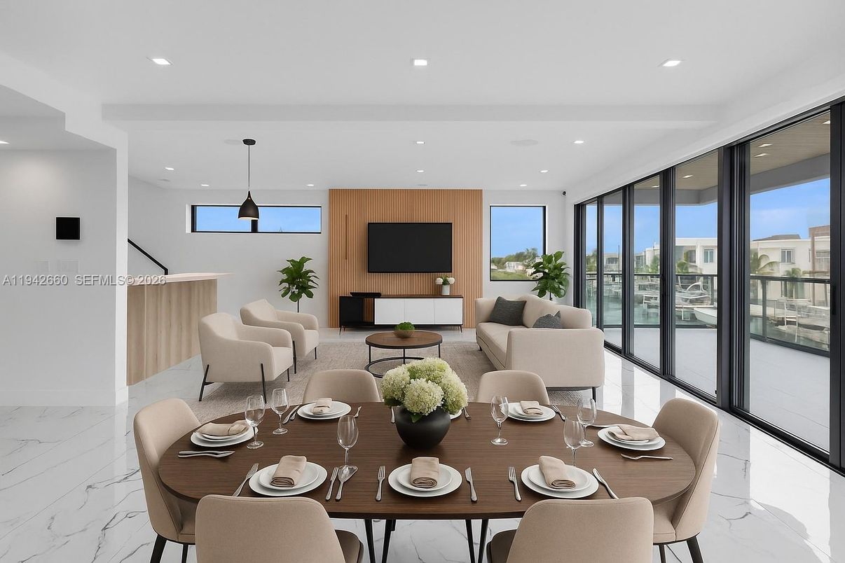 Dining room, Interior, Living room, Marble, Pendant Lights, Recessed Lighting, Water