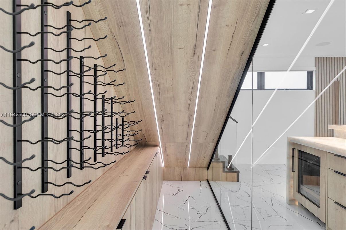 Interior, Marble, Recessed Lighting, Wine Storage, Wooden Walls