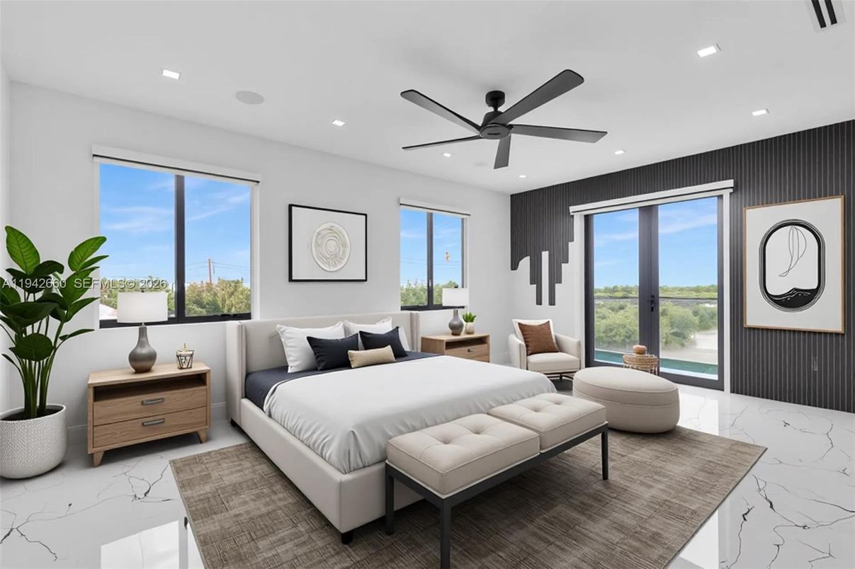 Bedroom, Interior, Marble, Recessed Lighting, Water