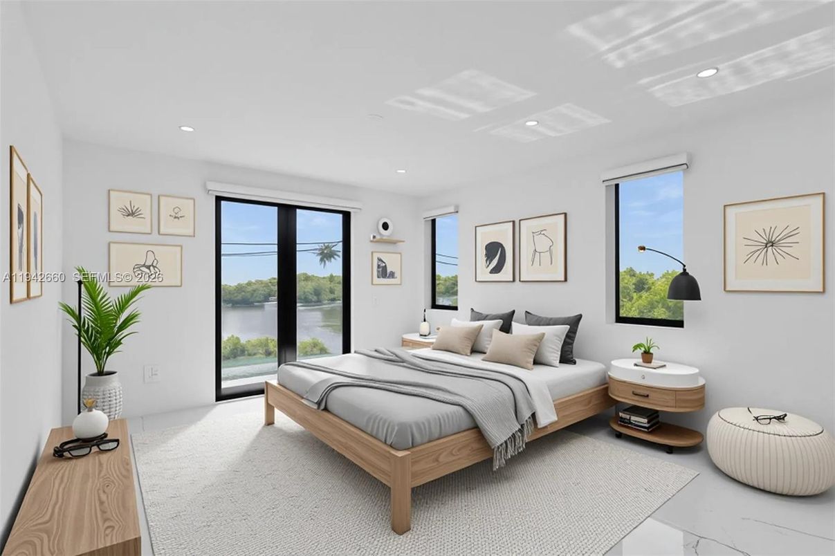 Bedroom, Interior, Recessed Lighting, Water, Wood Texture Flooring