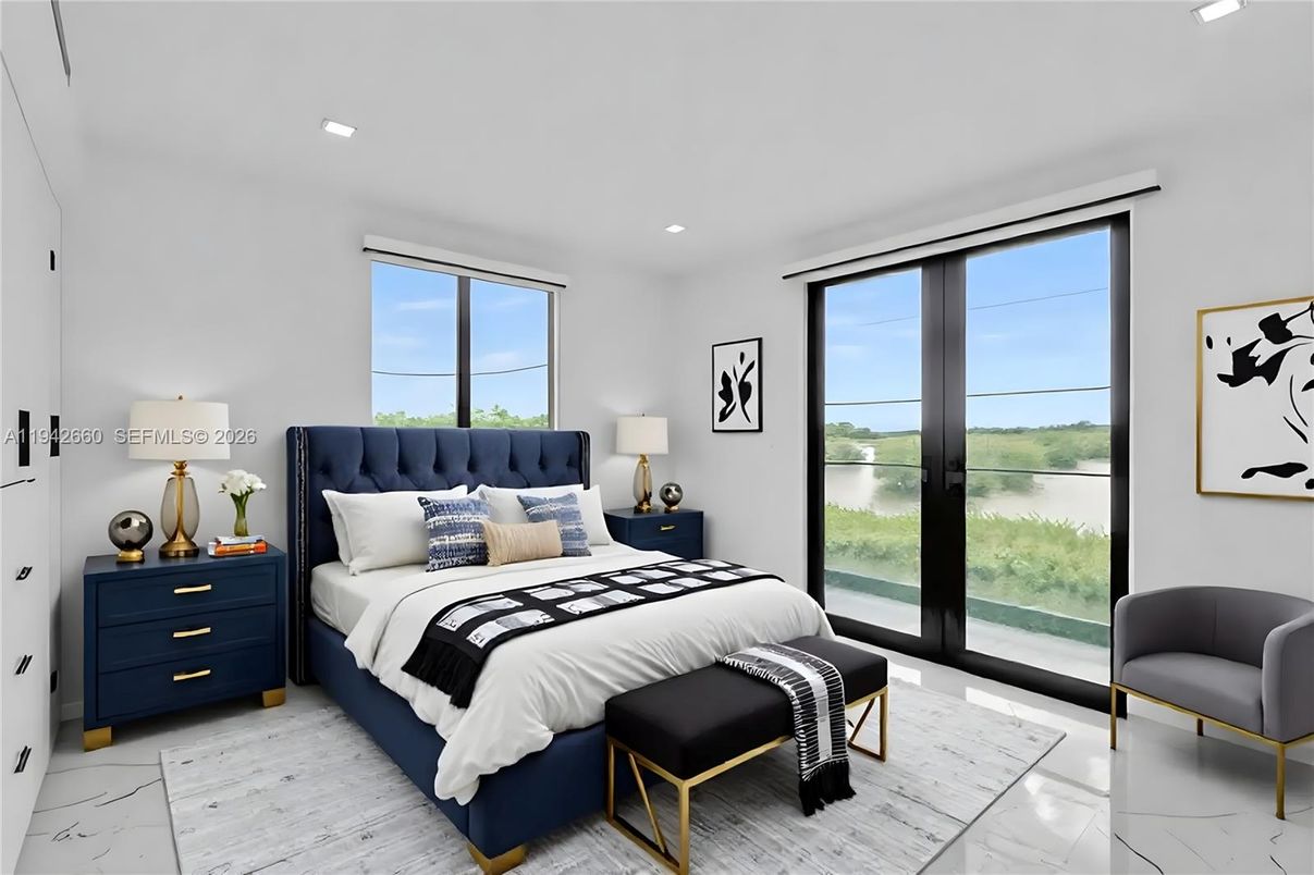 Bedroom, Interior, Marble, Recessed Lighting, Water, Wood Texture Flooring