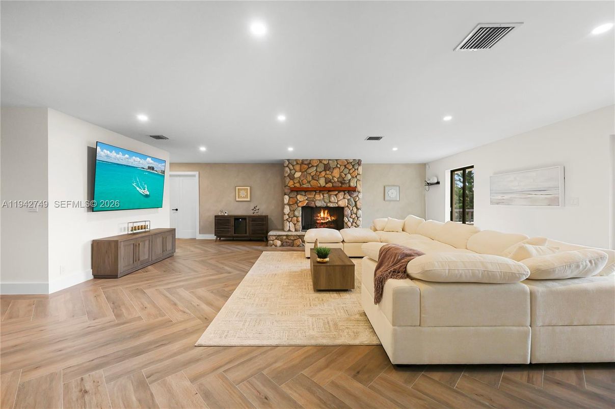 Fireplace, Interior, Living room, Recessed Lighting, Wood Texture Flooring