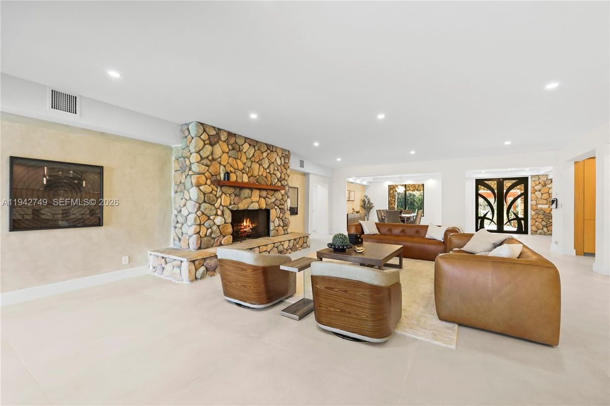 Fireplace, Interior, Living room, Recessed Lighting, Stone Walls