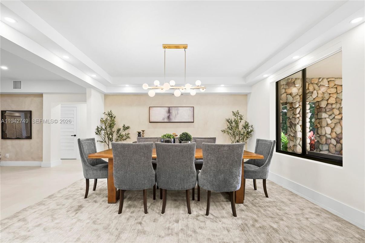 Dining room, Interior, Pendant Lights, Recessed Lighting, Stone Walls