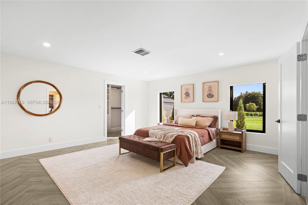 Bedroom, Interior, Recessed Lighting, Wood Texture Flooring