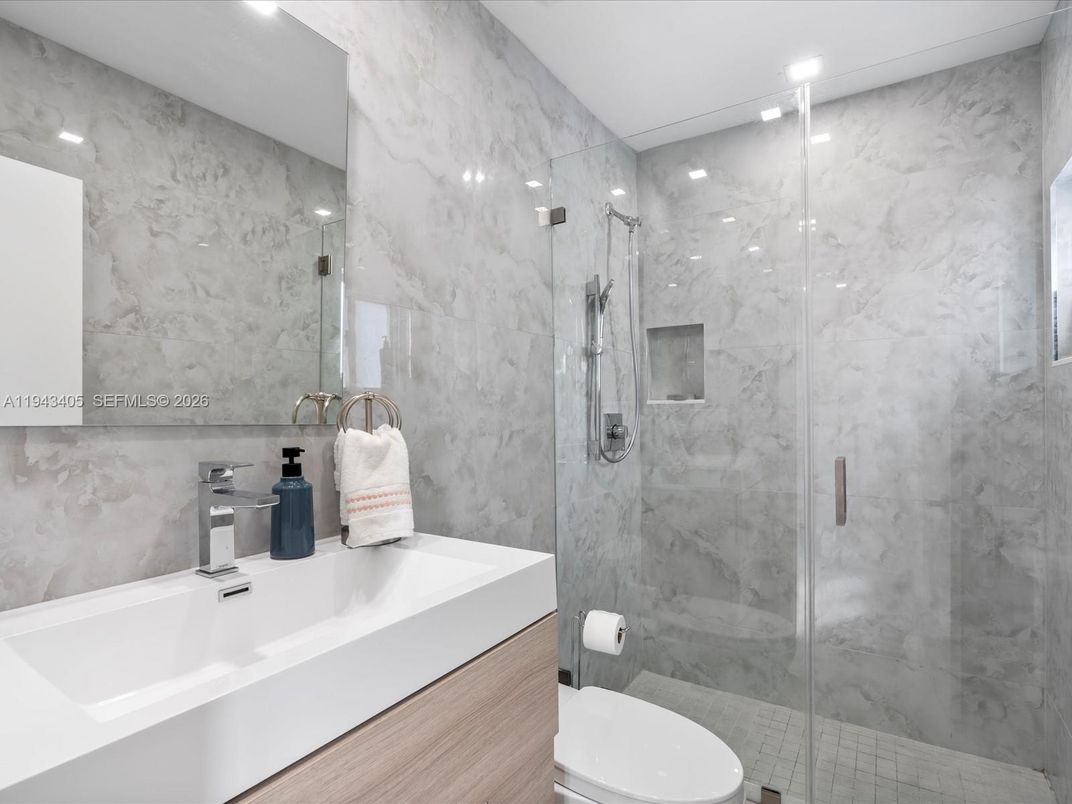 Bathroom, Glass Shower, Interior, Marble Walls, Recessed Lighting