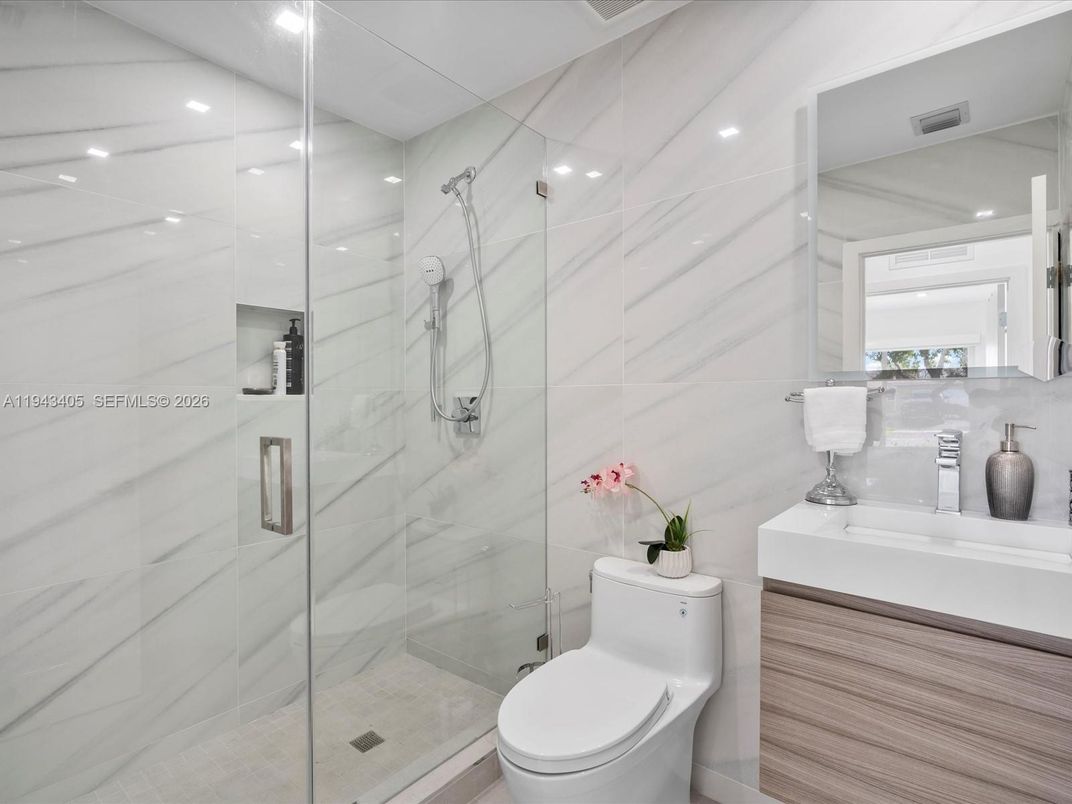 Bathroom, Glass Shower, Interior, Marble Walls, Recessed Lighting