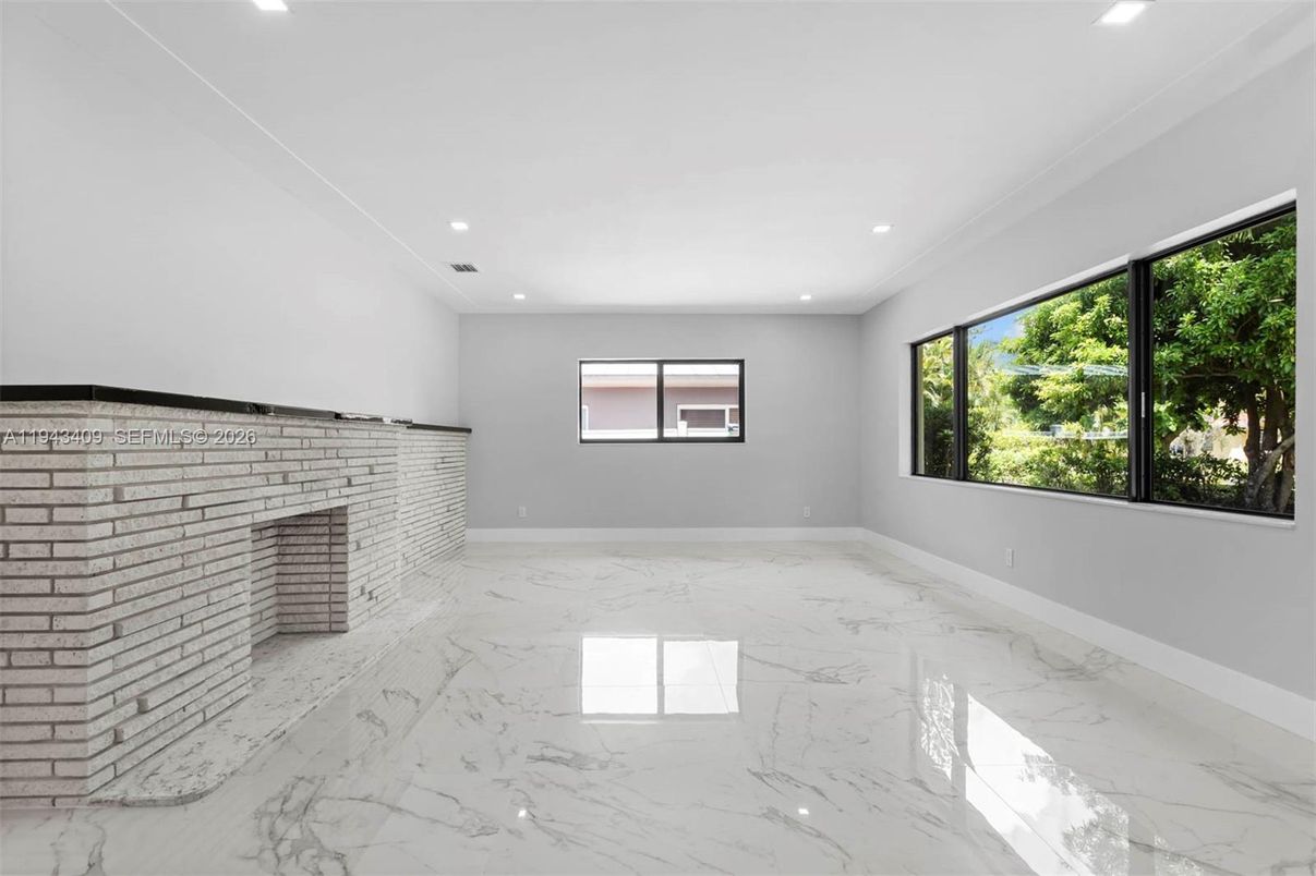 Empty room, Fireplace, Interior, Marble, Recessed Lighting, Stone Walls