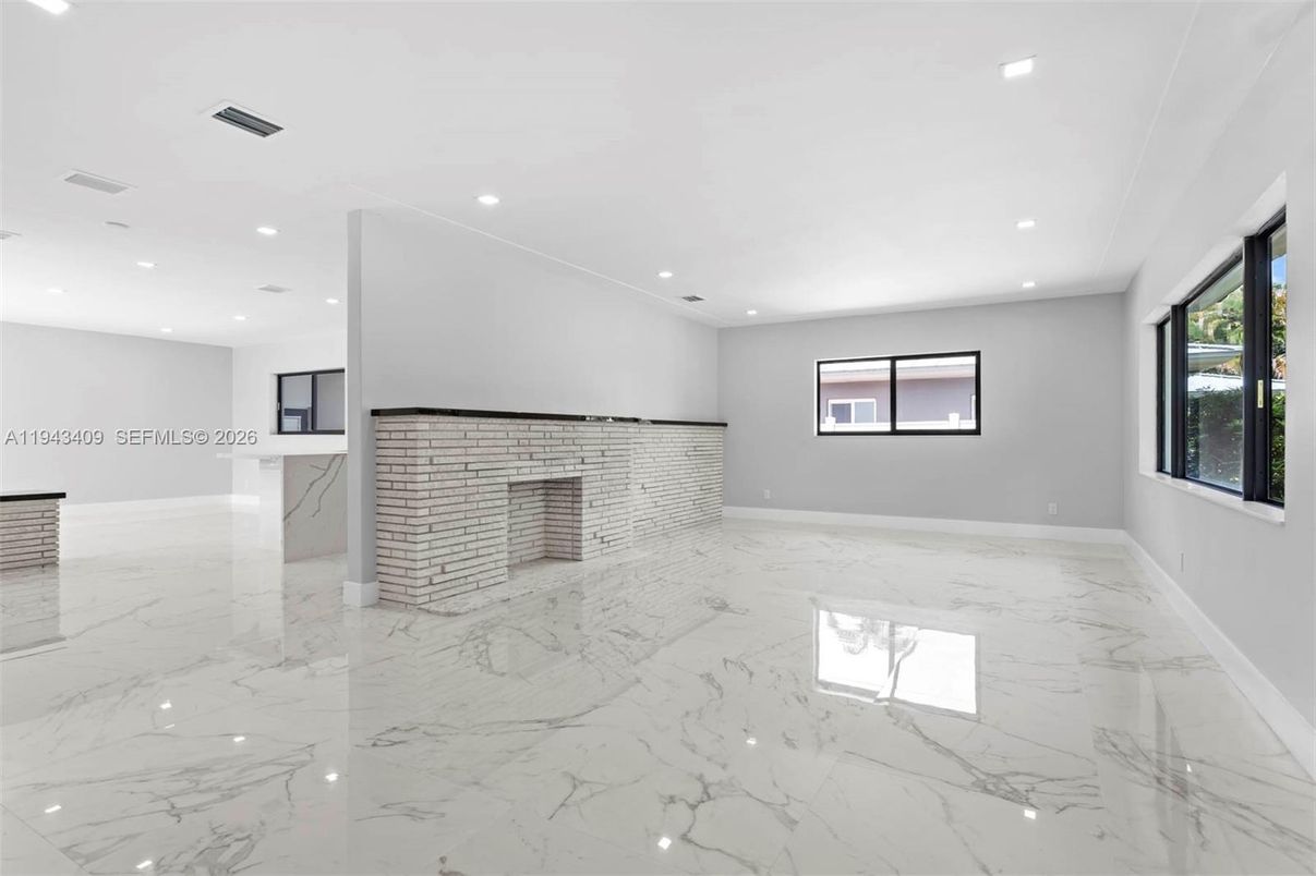 Empty room, Fireplace, Interior, Marble, Recessed Lighting, Stone Walls