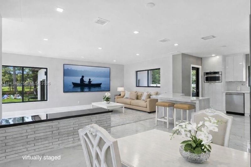 Dining room, Interior, Kitchen, Living room, Recessed Lighting, Stainless Steel Appliances