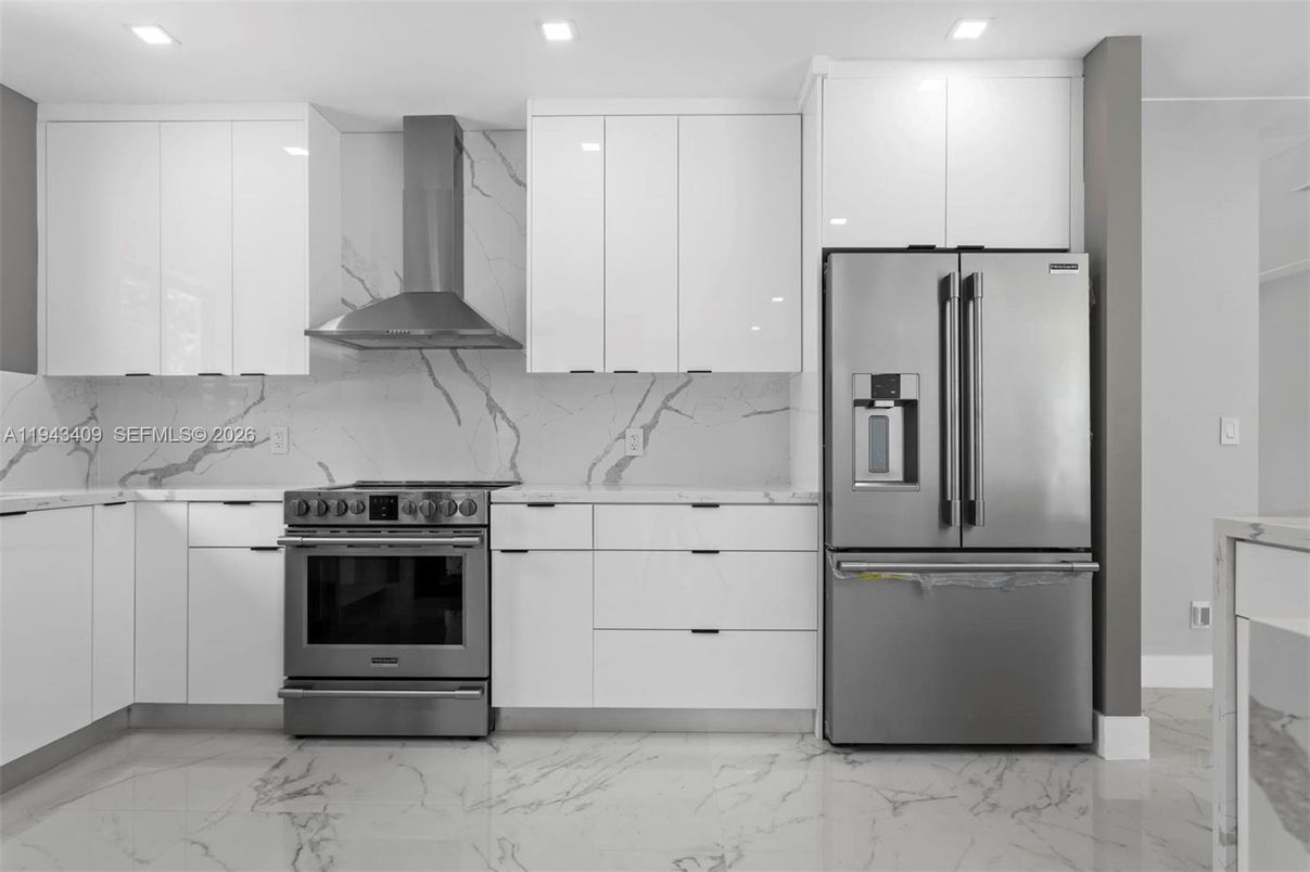 Interior, Kitchen, Marble, Marble Walls, Recessed Lighting, Stainless Steel Appliances