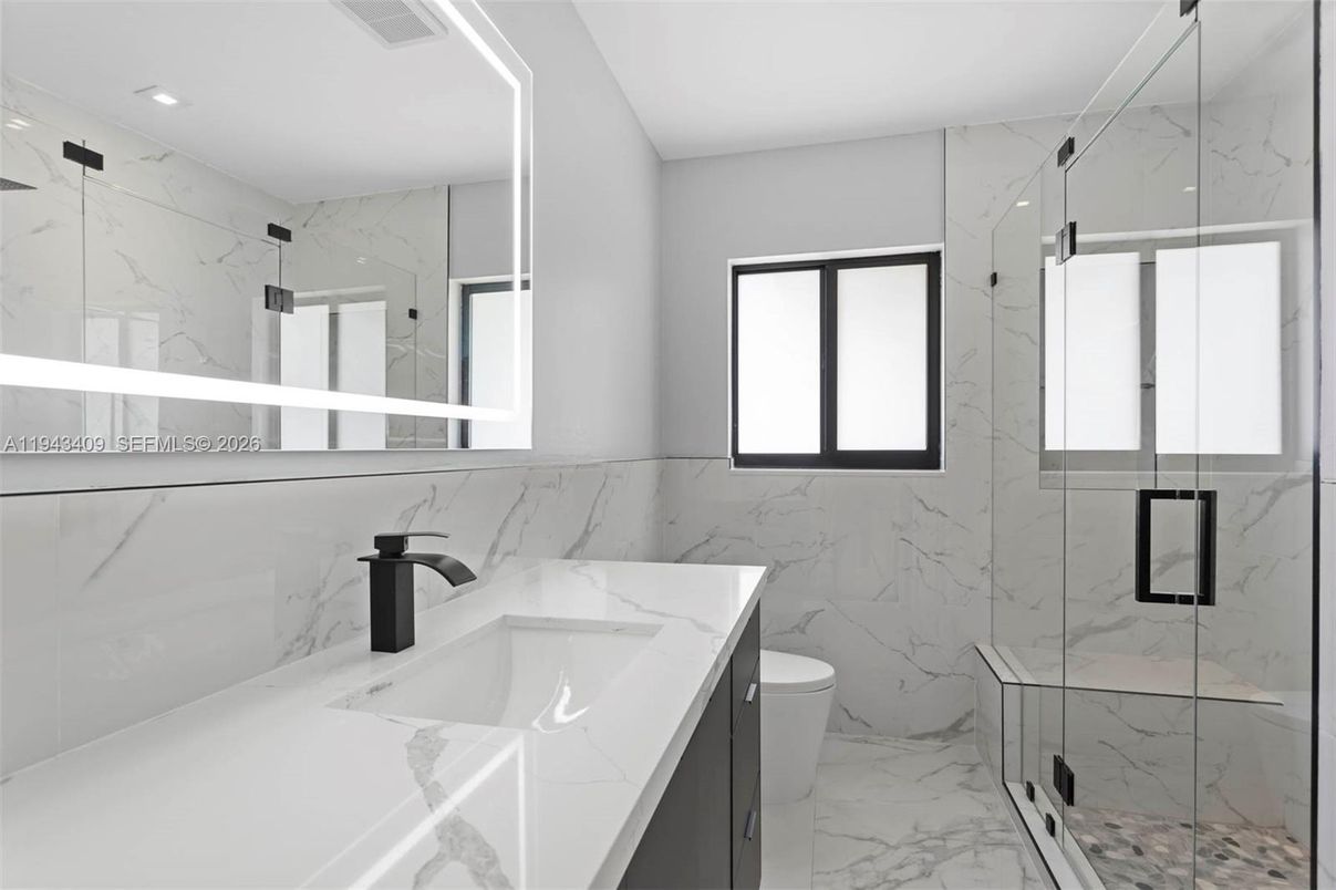 Bathroom, Glass Shower, Interior, Marble, Marble Walls, Recessed Lighting