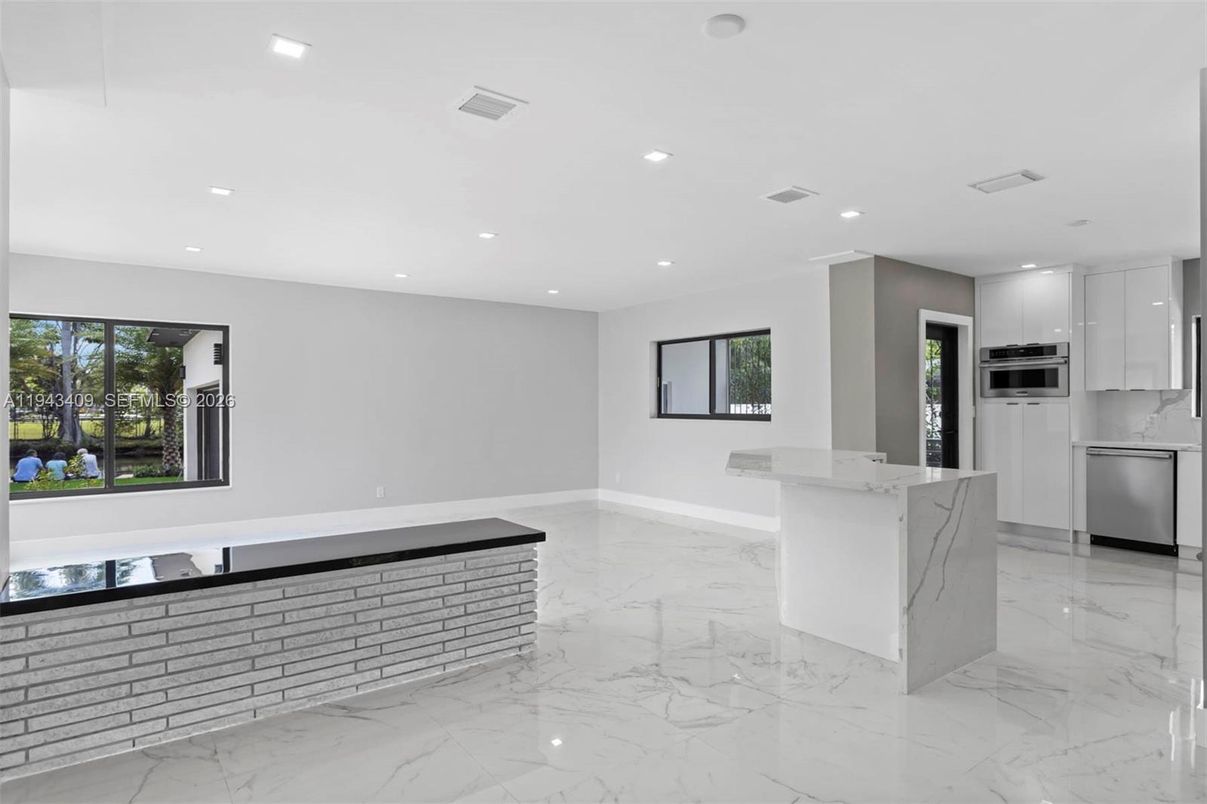 Interior, Kitchen, Marble, Recessed Lighting, Stainless Steel Appliances