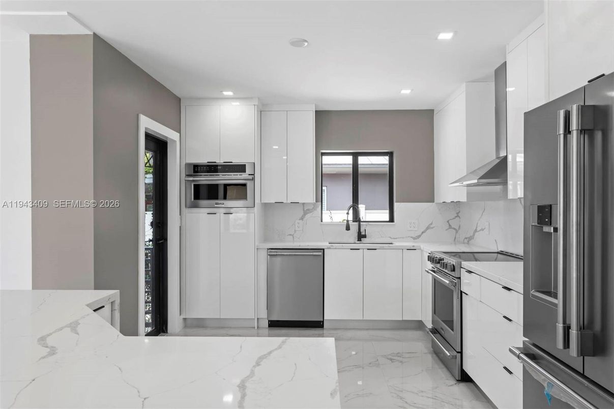 Interior, Kitchen, Marble, Recessed Lighting, Stainless Steel Appliances