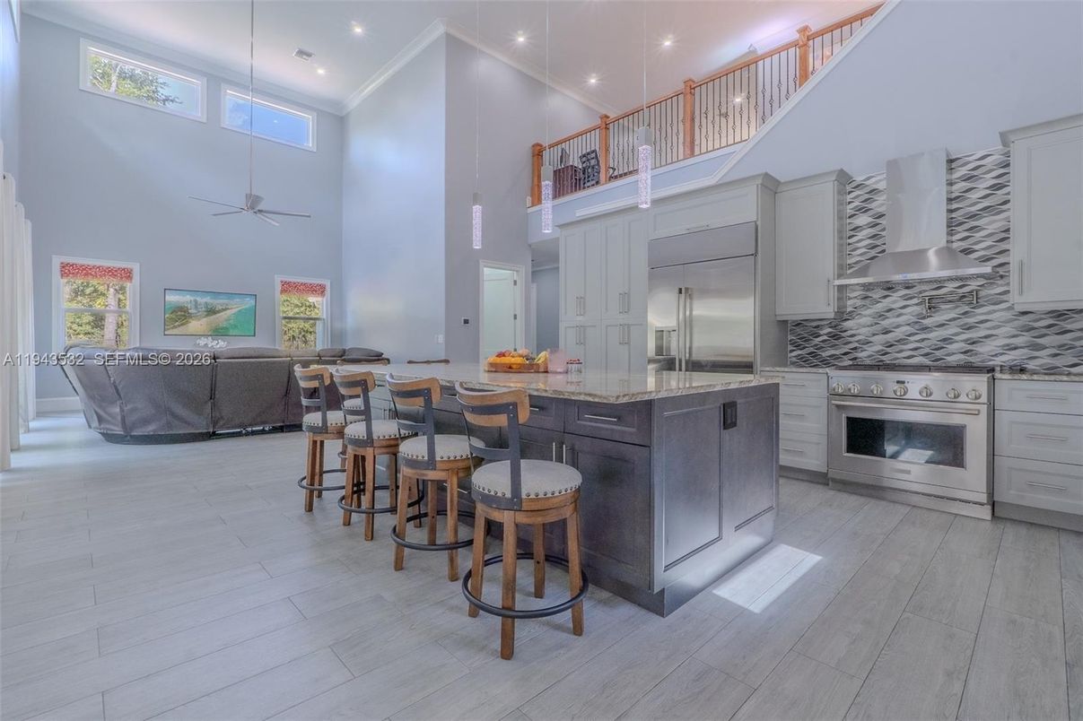 Interior, Kitchen, Living room, Recessed Lighting, Stainless Steel Appliances, Wood Texture Flooring