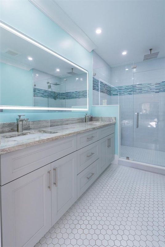 Bathroom, Dual Sink Vanities, Glass Shower, Interior, Recessed Lighting