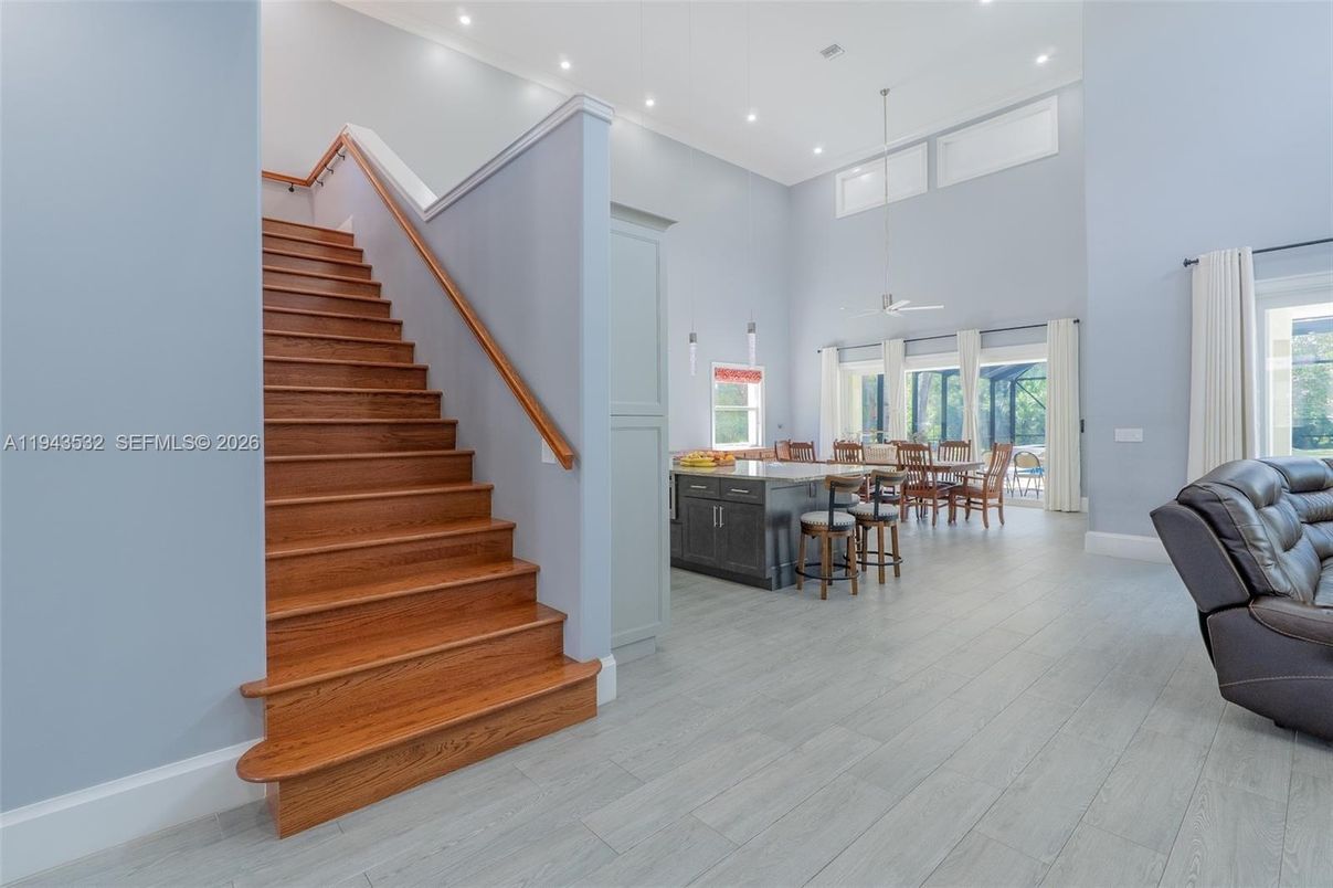Dining room, Interior, Pendant Lights, Recessed Lighting, Wood Texture Flooring