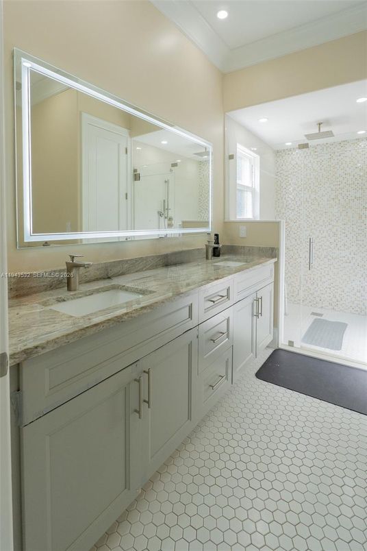 Bathroom, Dual Sink Vanities, Glass Shower, Interior, Recessed Lighting