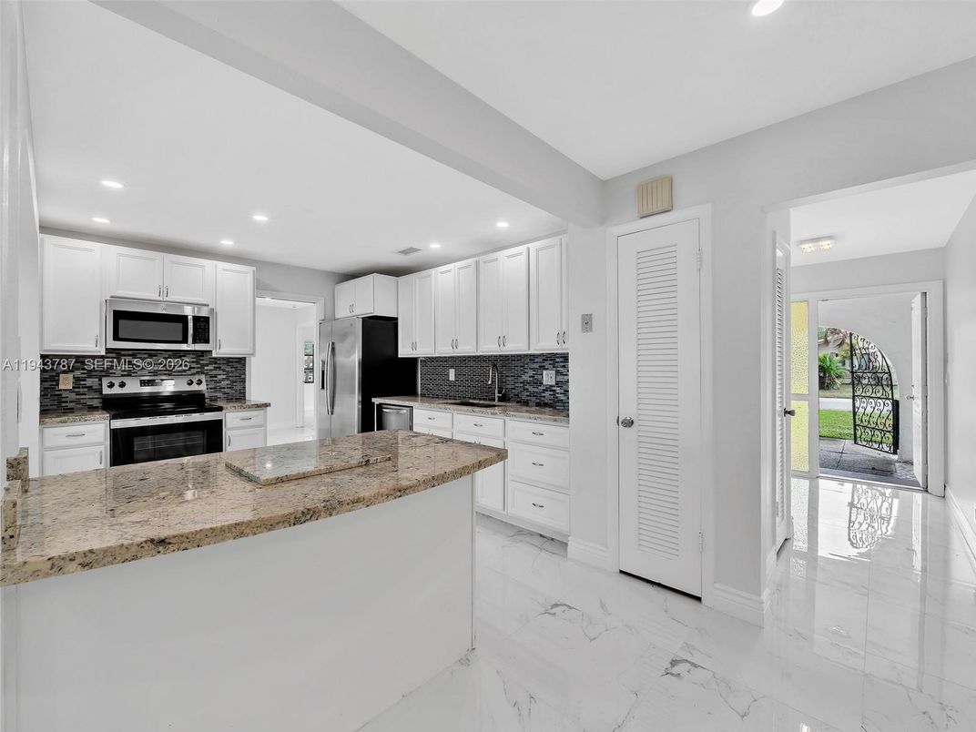 Interior, Kitchen, Marble, Recessed Lighting, Stainless Steel Appliances