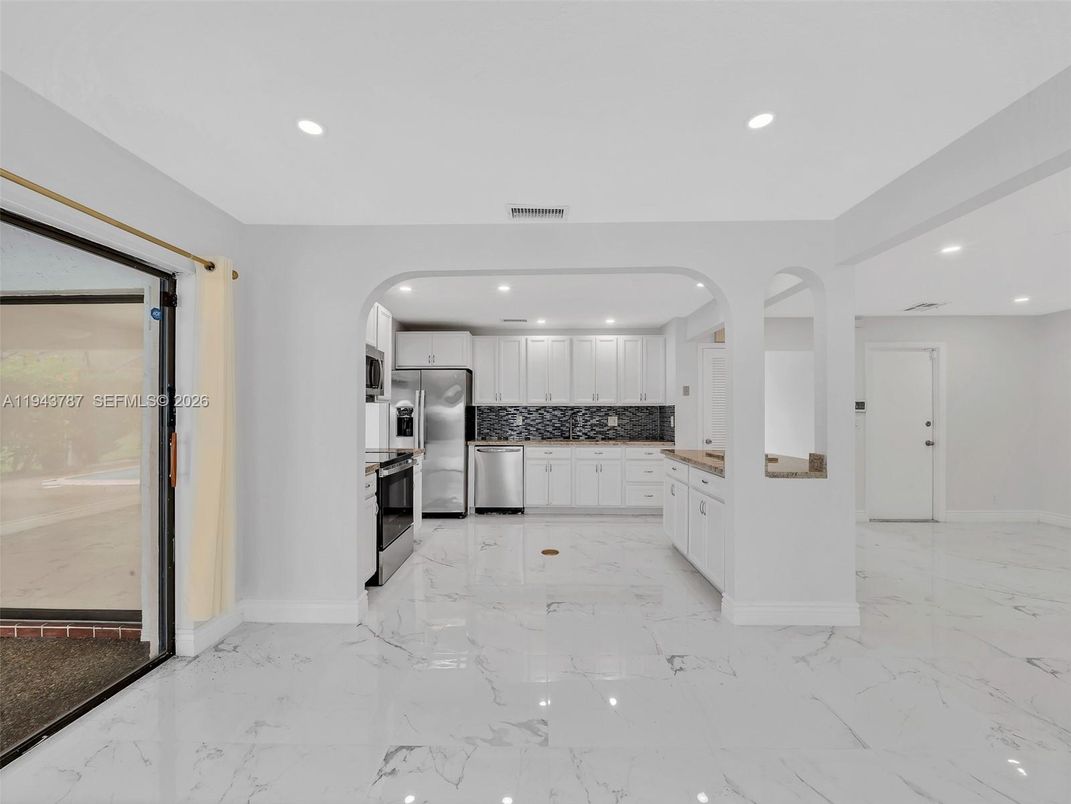 Interior, Kitchen, Marble, Recessed Lighting, Stainless Steel Appliances