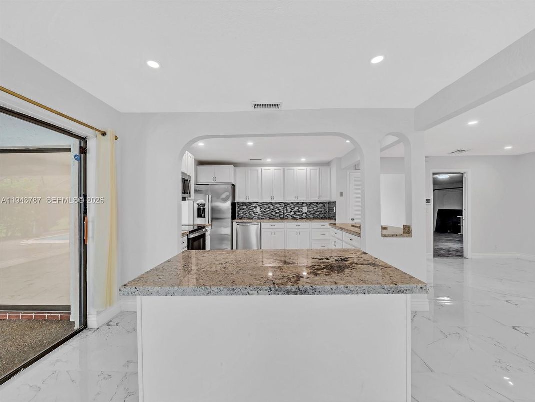 Interior, Kitchen, Marble, Recessed Lighting, Stainless Steel Appliances