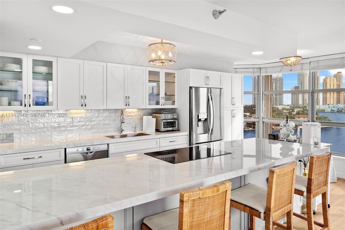 Chandelier, Interior, Kitchen, Recessed Lighting, Stainless Steel Appliances, Water, Wood Texture Flooring