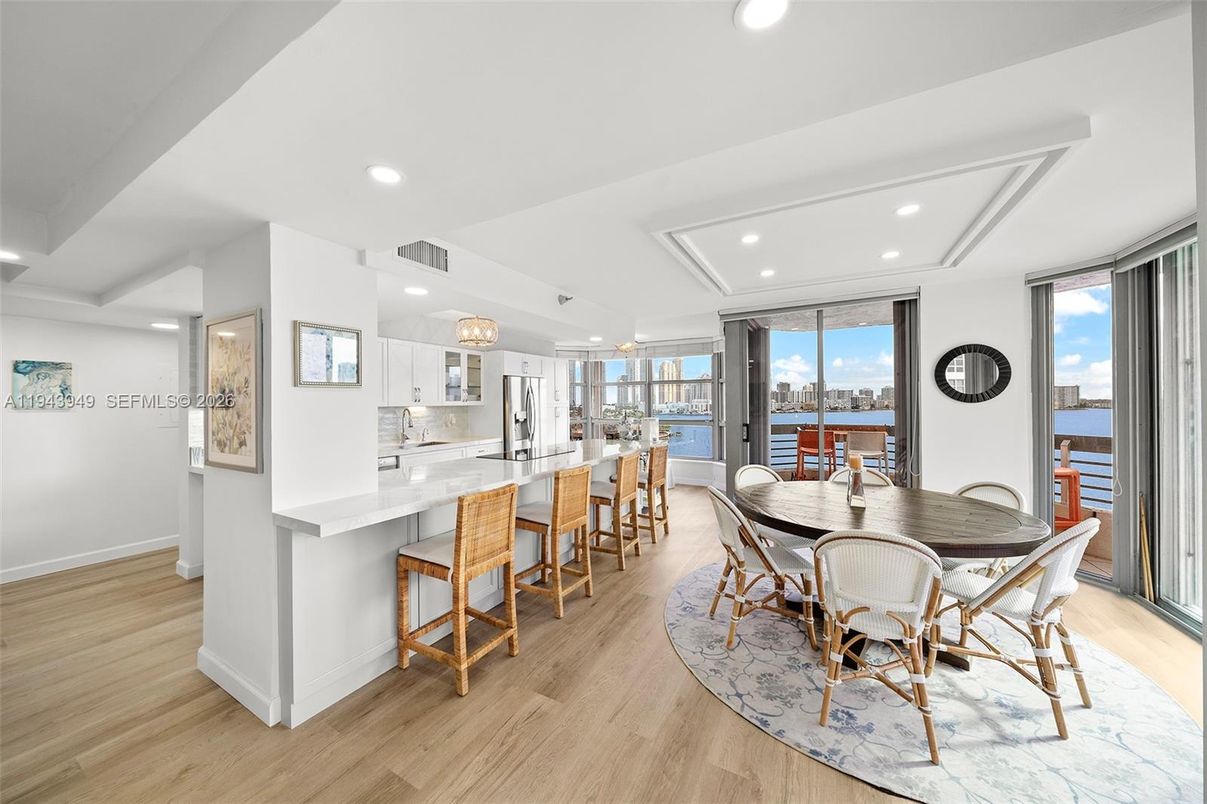 Dining room, Interior, Kitchen, Recessed Lighting, Water, Wood Texture Flooring