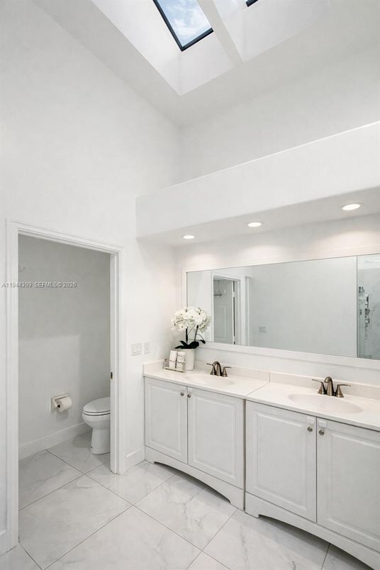 Bathroom, Dual Sink Vanities, Interior, Marble, Recessed Lighting