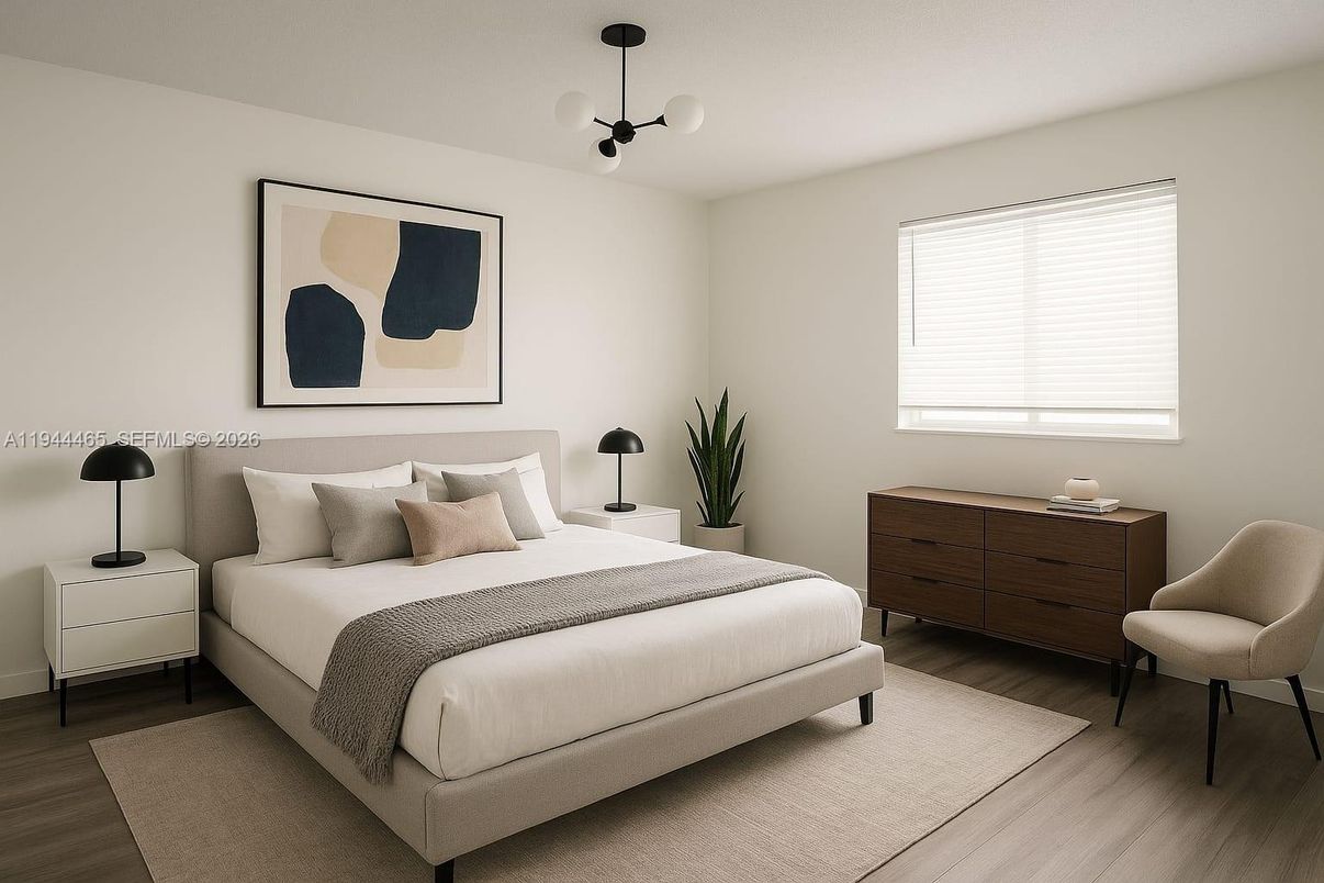 Bedroom, Interior, Pendant Lights, Wood Texture Flooring