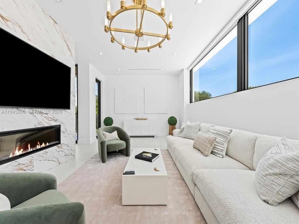 Chandelier, Fireplace, Interior, Living room, Marble Walls, Recessed Lighting