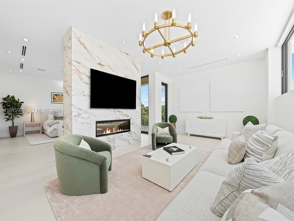 Chandelier, Fireplace, Interior, Living room, Marble Walls, Recessed Lighting