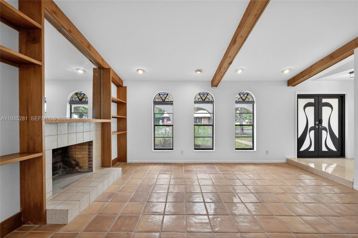 Empty room, Fireplace, Interior, Recessed Lighting, Wooden Beams