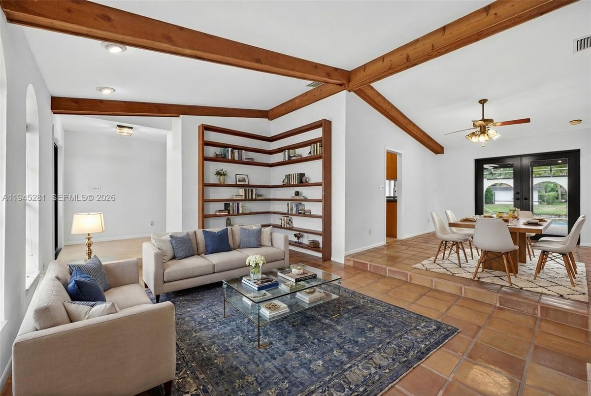 Dining room, Interior, Living room, Recessed Lighting, Wooden Beams