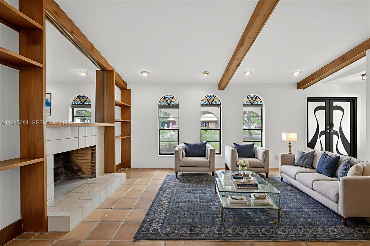 Fireplace, Interior, Living room, Recessed Lighting, Wooden Beams