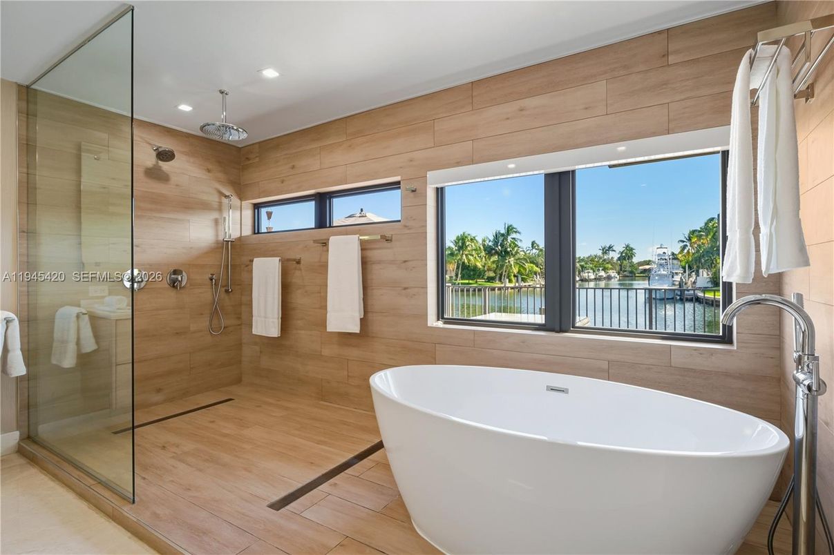 Bathroom, Free Standing Baths, Glass Shower, Interior, Recessed Lighting, Wooden Walls