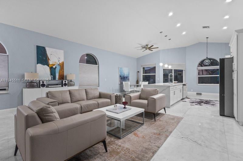 Dining room, Interior, Kitchen, Living room, Marble, Pendant Lights, Recessed Lighting