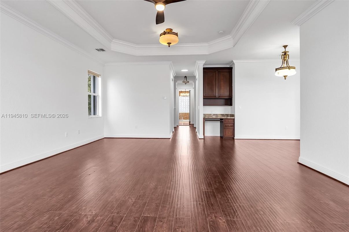 Empty room, Interior, Pendant Lights, Recessed Lighting, Wood Texture Flooring