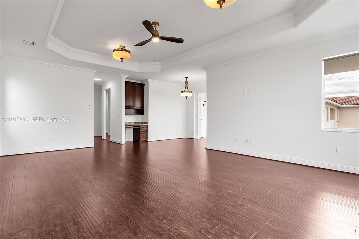 Empty room, Interior, Kitchen, Pendant Lights, Wood Texture Flooring