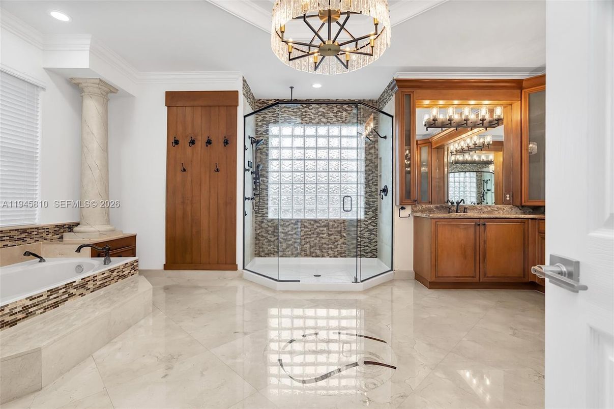 Bathroom, Chandelier, Glass Shower, Interior, Recessed Lighting