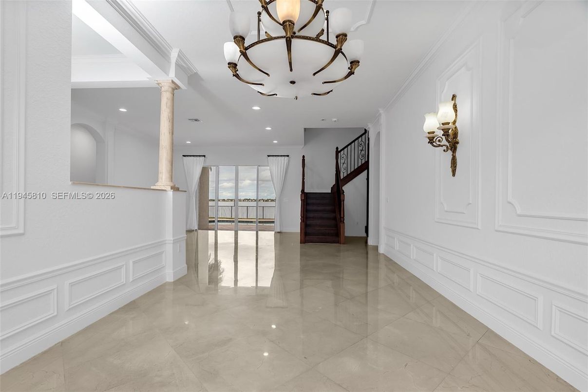 Chandelier, Empty room, Interior, Marble, Recessed Lighting