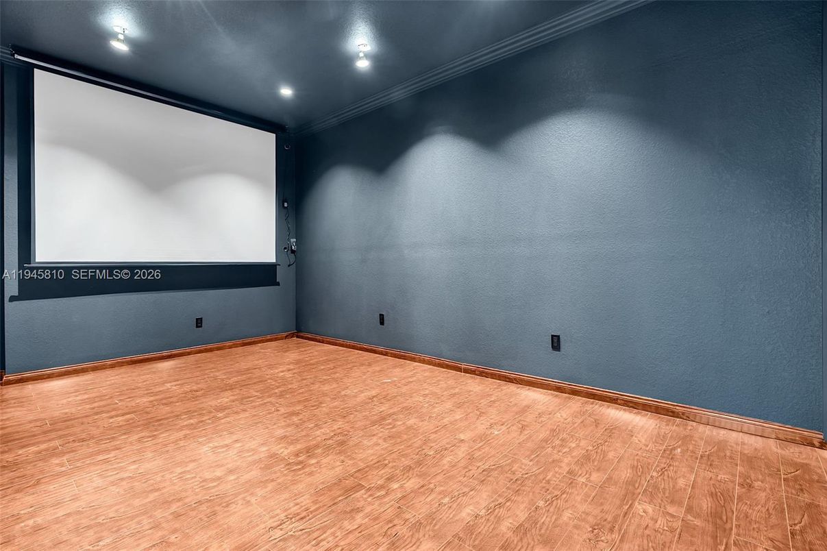 Empty room, Interior, Projection Screen, Recessed Lighting, Wood Texture Flooring