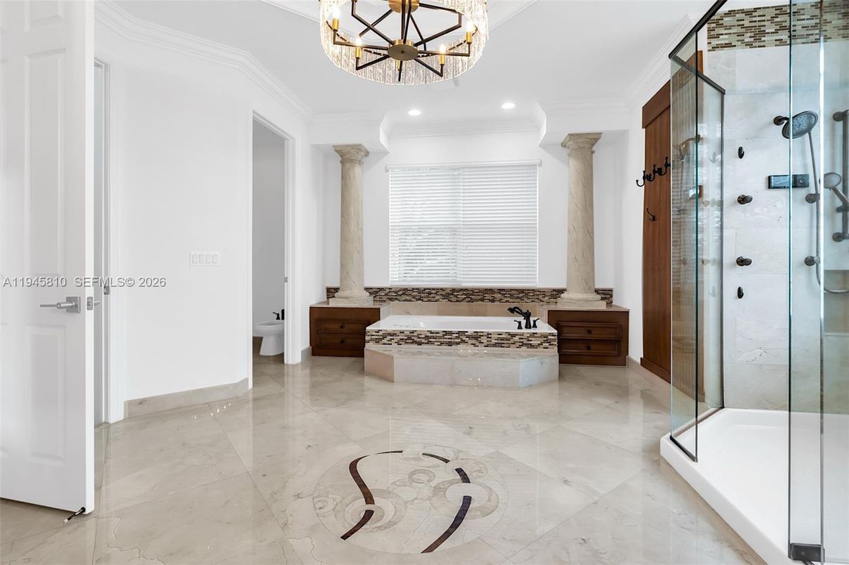 Bathroom, Chandelier, Glass Shower, Interior, Marble, Recessed Lighting