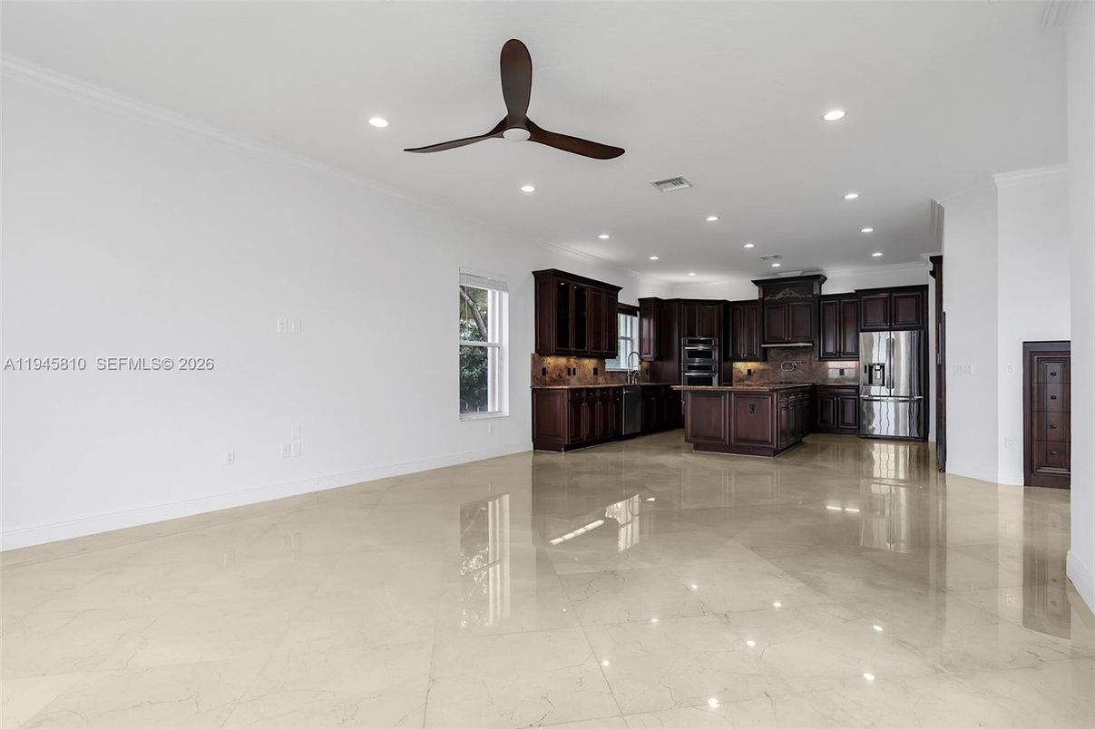 Interior, Kitchen, Marble, Recessed Lighting, Stainless Steel Appliances