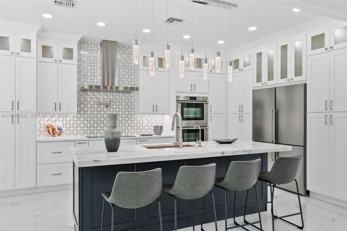 Interior, Kitchen, Marble, Pendant Lights, Recessed Lighting, Stainless Steel Appliances