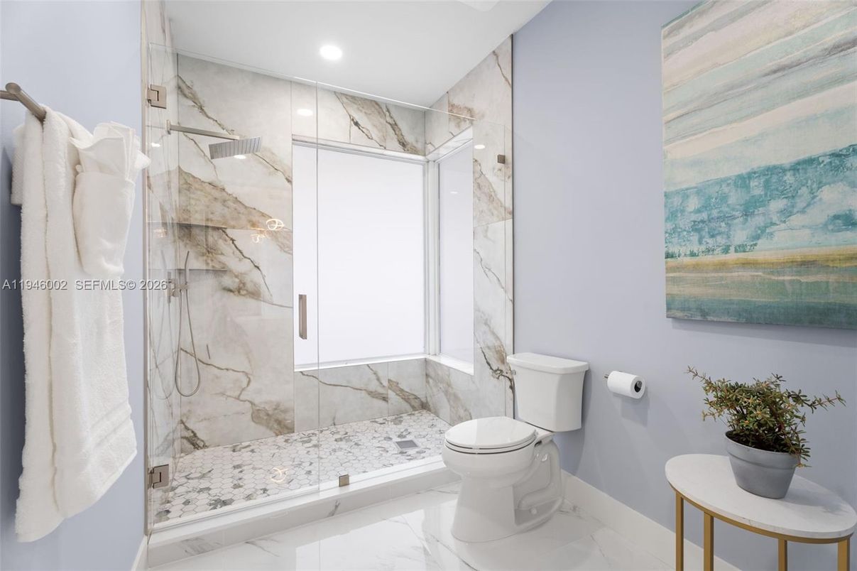 Bathroom, Glass Shower, Interior, Marble, Marble Walls, Recessed Lighting