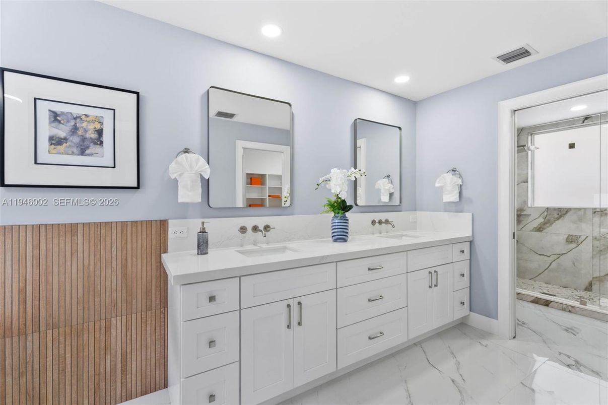 Bathroom, Dual Sink Vanities, Interior, Marble, Recessed Lighting