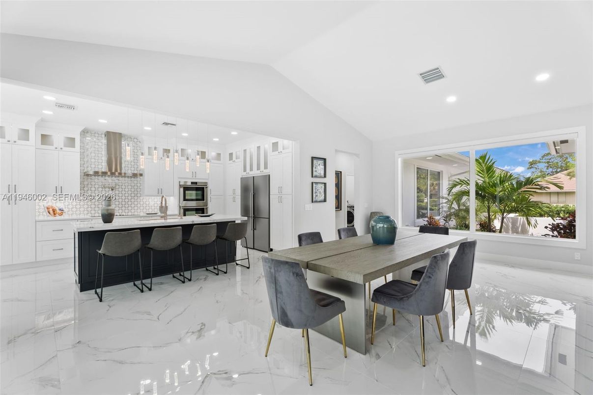 Dining room, Interior, Kitchen, Marble, Pendant Lights, Recessed Lighting, Stainless Steel Appliances